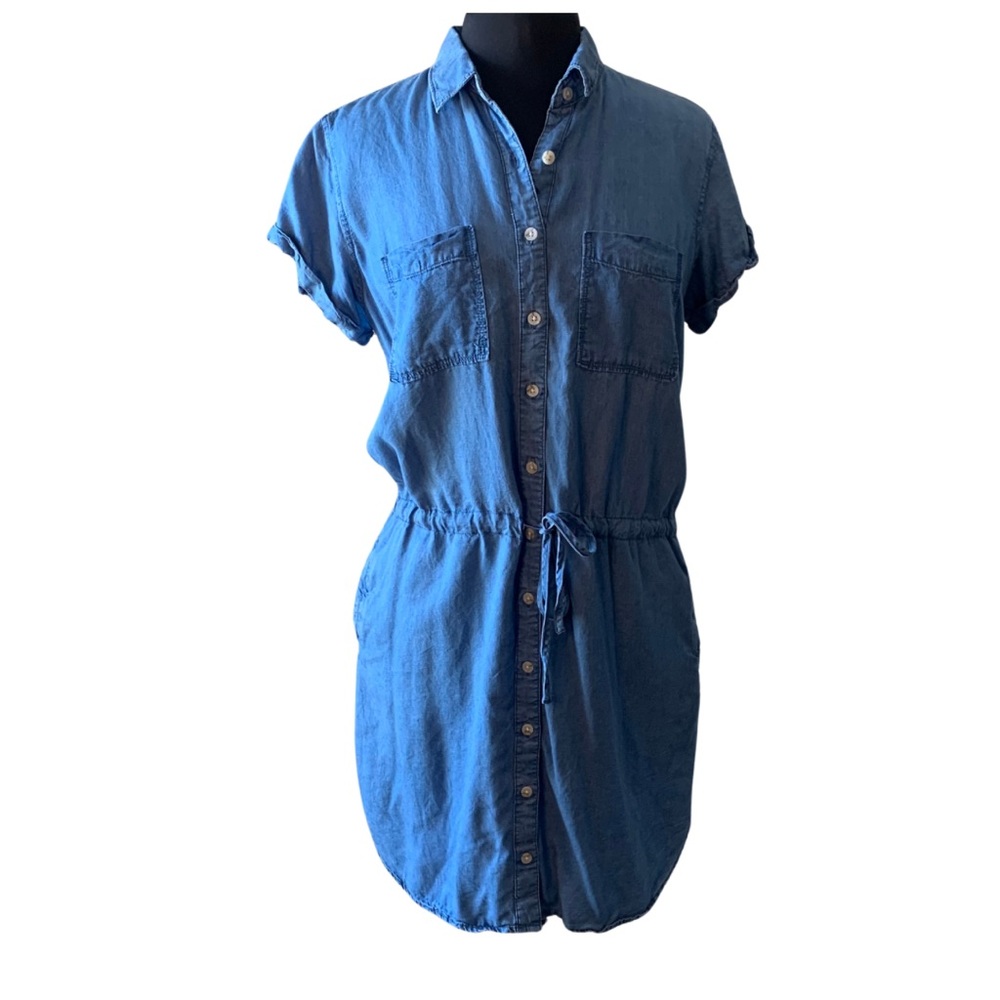 THREAD & SUPPLY Chambray Dress Size Large Drawstring Waist Shirtdress Pockets